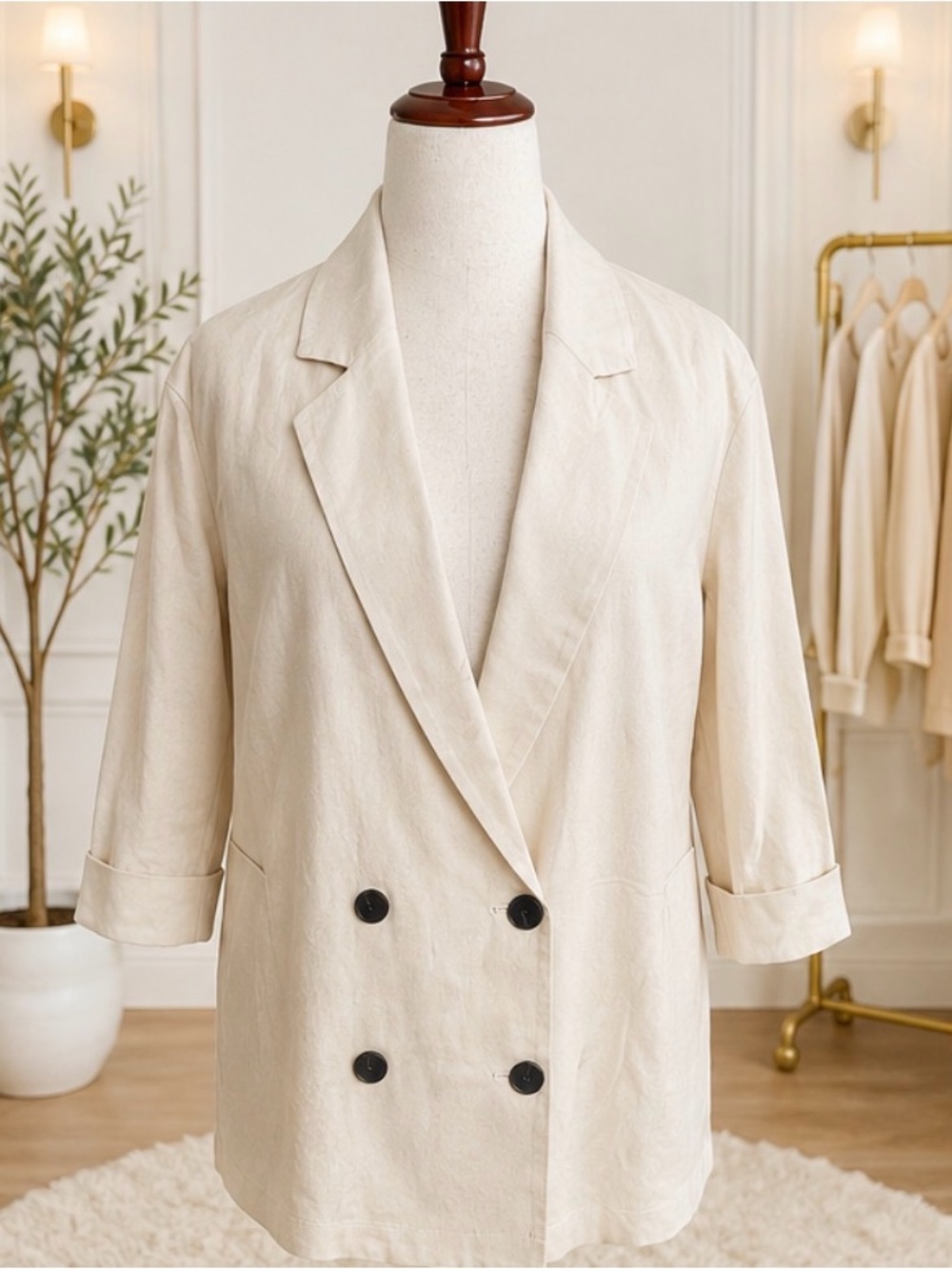 ZARA Medium Linen Blend Double-Breasted 3/4 Sleeve Blazer Light Beige
